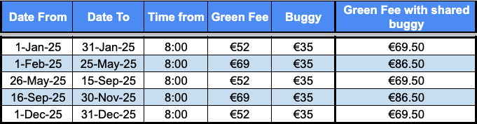 Bonalba Green Fees 2025