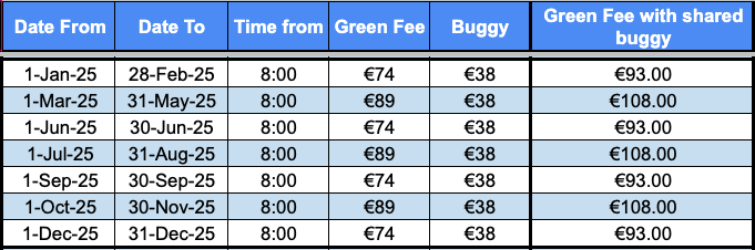 Oliva Nova Green Fees 2025