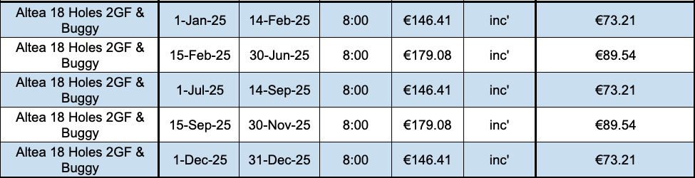 Altea Golf Green Fees 2GFB 18h