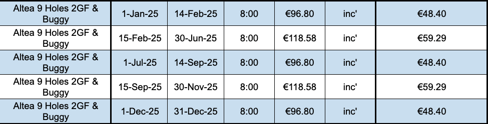 Altea Green Fees 2GFB 9h