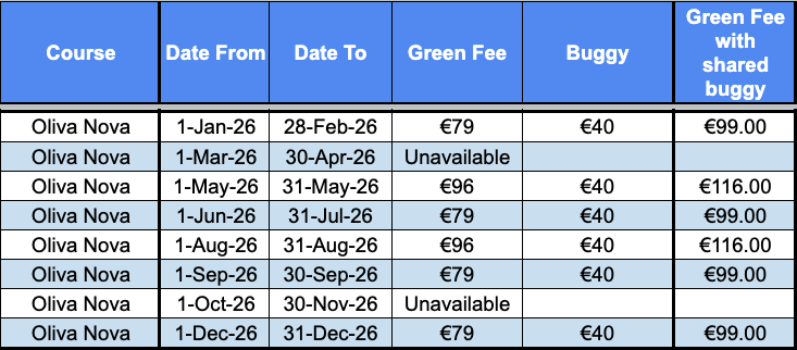 Oliva Nova Green Fees 2026