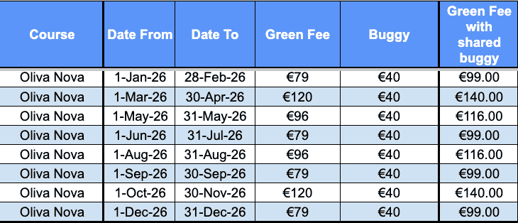 Oliva Nova Green Fees 2026