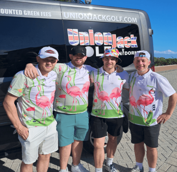 Golfers in fancy dress standing next to the Union Jack Golf Benidorm transfer mini bus