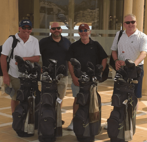 Union Jack Golf staff delivering TaylorMade club rentals to a centrally located Benidorm hotel.
